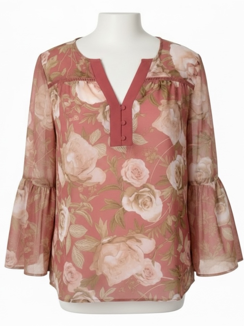 SOHO NEW YORK & COMPANY Rose Print Blouse Bell Sleeve Bohemian Mauve Pink Medium